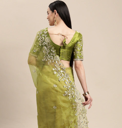 Green & Gold Floral Sequinned Organza Saree